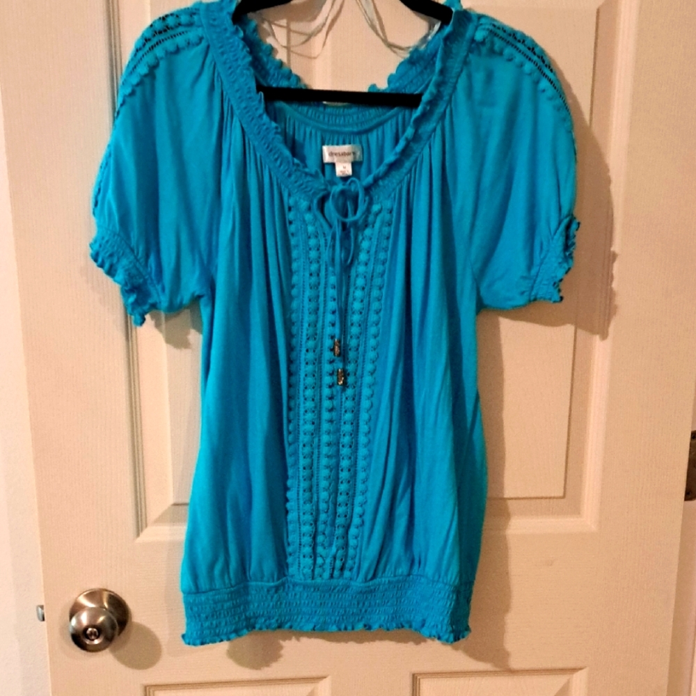 Dress Barn Blue Pleated Short Sleeve Blouse